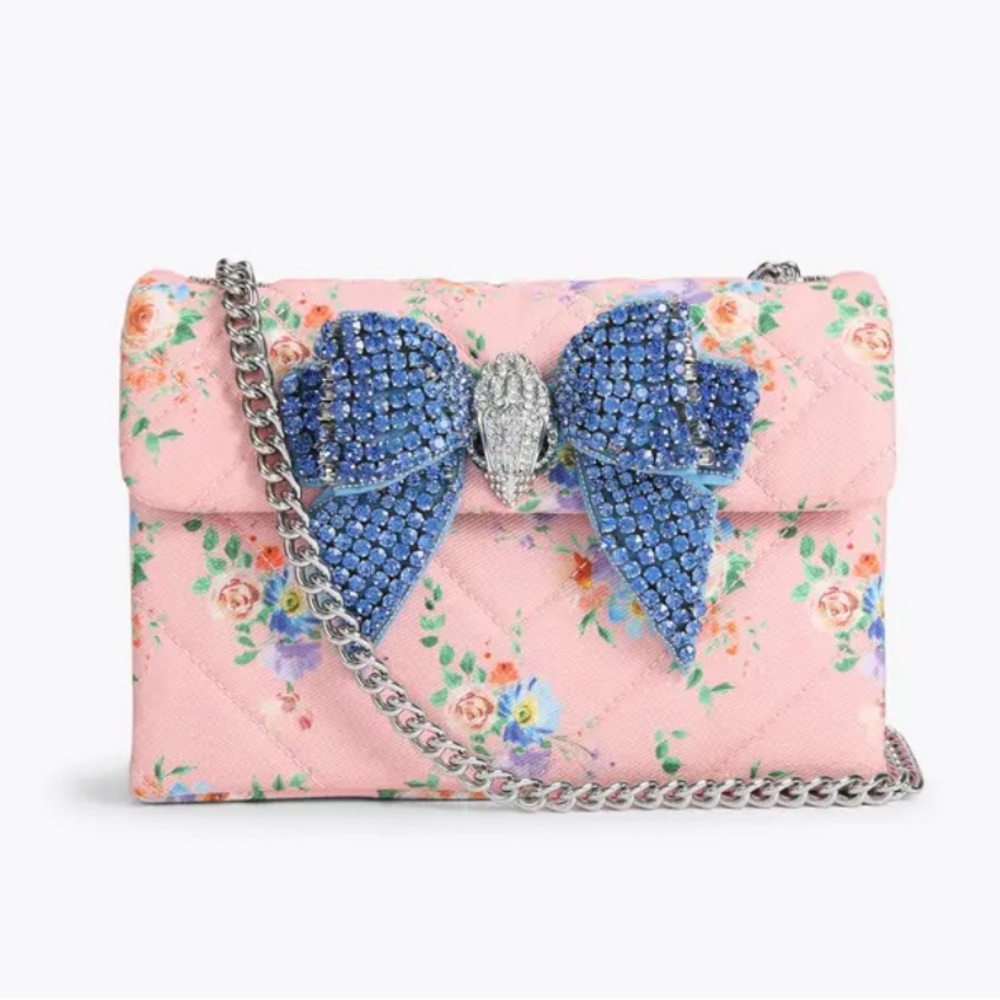 Floral Pink Bag with Blue Bow Accent